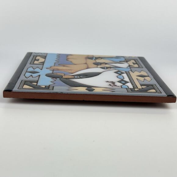 Vtg Earthtones Southwestern Trivet Tile by Tu-ofi Woman And Children Blue 6"x6" - Picture 7 of 10